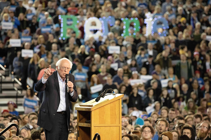 Bernie Sanders at a packed rally in Tacoma on Monday.