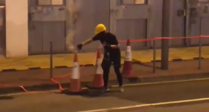 Tear gas contained in a traffic cone. Tear gas contained in a traffic cone.