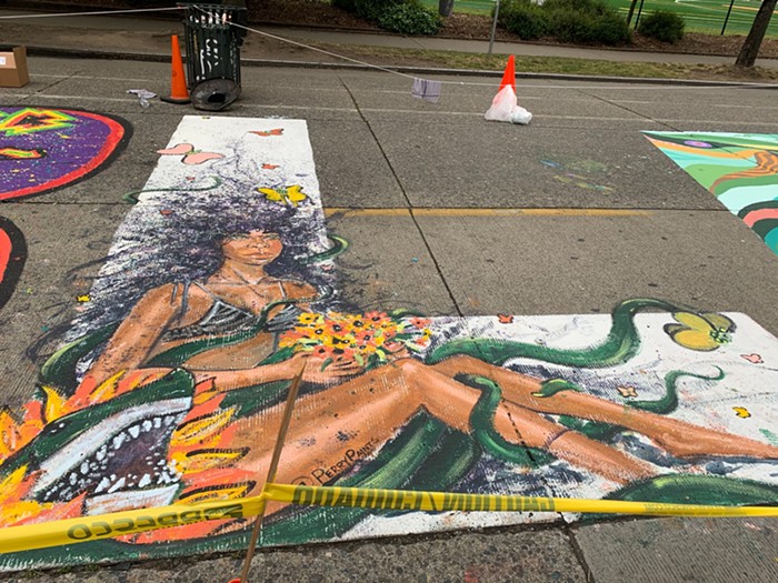 A woman and a shark painted by Perry Porter.