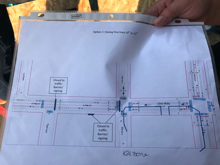 This option allows thru traffic on 11th and 12th Avenues, limiting CHOPs street presence to a block of Pine. As you can tell from her note, Shannon thinks this plan would create a killzone.