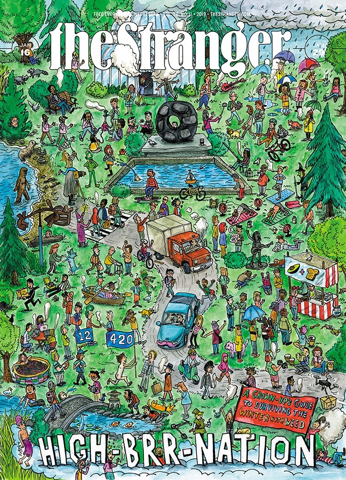 A Wheres Waldo-esque cover for the winter weed issue High-brr-nation in 2019. (Look closely and you can see Charles Mudede smoking a CBD joint.) A Wheres Waldo-esque cover for the winter weed issue High-brr-nation in 2019. (Look closely and you can see Charles Mudede smoking a CBD joint.)
