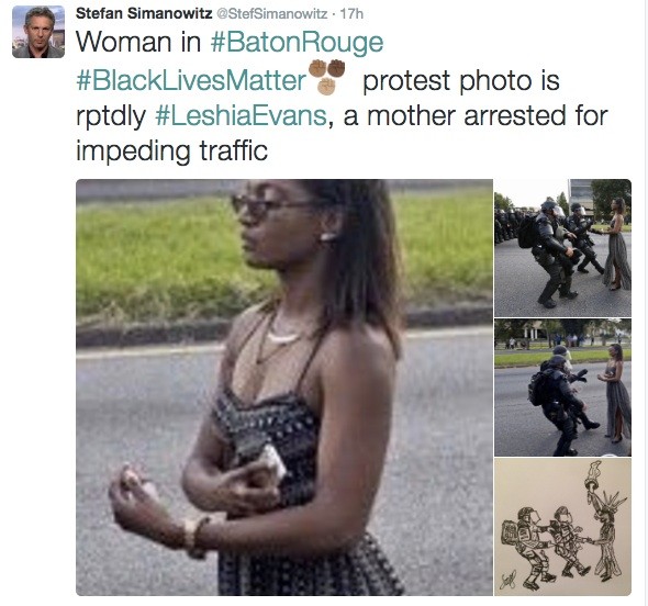 The photograph spawned a cartoon depicting the protester as Lady Liberty. (The news got her name wrong originally. Later it was reported to be Ieshia Evans.)