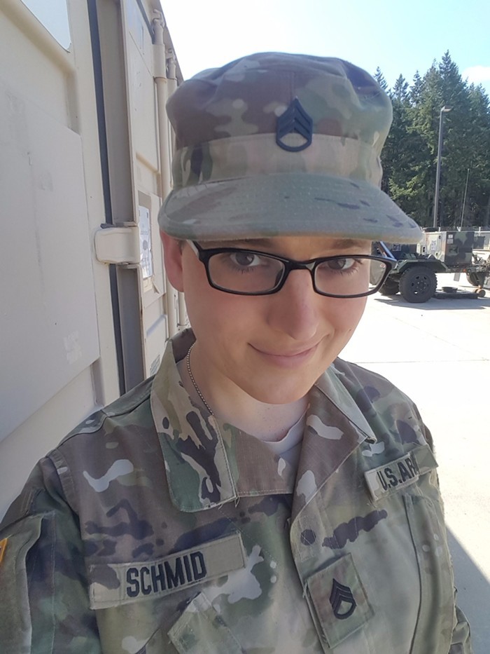 Staff Sergeant Cathrine Schmid is one of the Washington residents suing the Trump administration over its trans military ban.