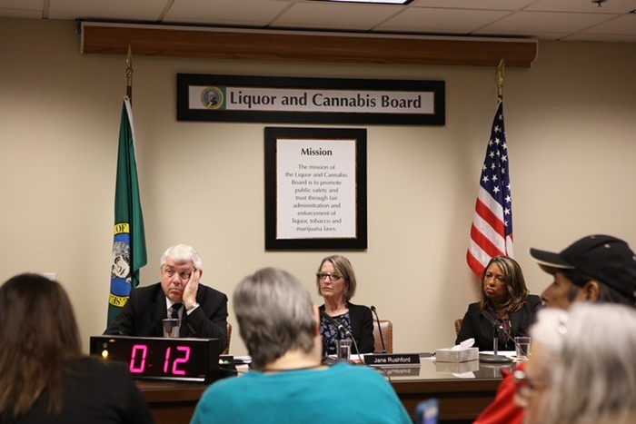 Russ Hauge, left, with LCB Board Chair Jane Rushford and Board Member Ollie Garrett