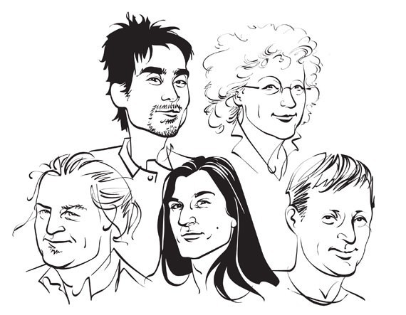 Gary Hill, DK Pan, John Osebold, Lesley Hazleton, and Lars Finberg drawn by Kathryn Rathke.