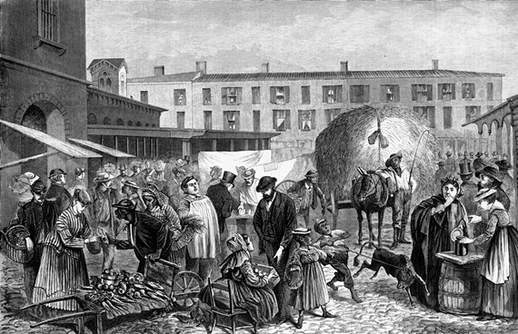The Farmers’ Market by the 20th century remained the center of a multi-cultural neighborhood, at far right as depicted in a 1868 illustration in Harper’s Weekly. - LIBRARY OF CONGRESS