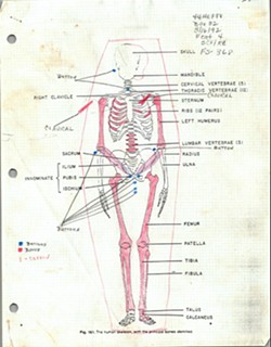 An archeological field note provided by the Smithsonian National Museum of Natural History shows bones in red and artifacts in blue found in one of the coffins.