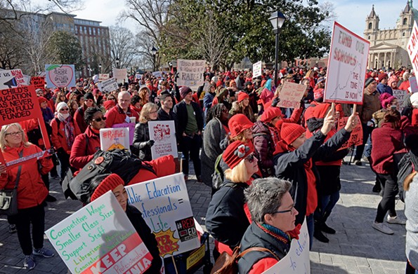 The Red for Ed demonstration in Monroe Park to demand increased school funding and teacher pay increases. - SCOTT ELMQUIST/FILE