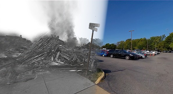 This photo image shows the destruction of Navy Hill compared to the nearby area in 2020. - HIDDEN IN PLAIN SITE