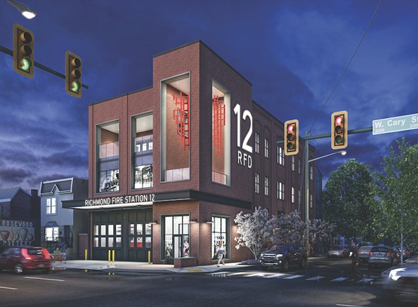 A rendering of Fire Station#12 in District 5, where the “iconic form of a fire ladder inspired two large sculptures - suspended in the openings of the 2-story atrium. Historically resonant and - community-inspired images will be digitally printed into glass at the entrance and on the second story windows.” Expected completion date: Summer 2024. Budget: $150,000. - COURTESY OF RICHMOND PAC