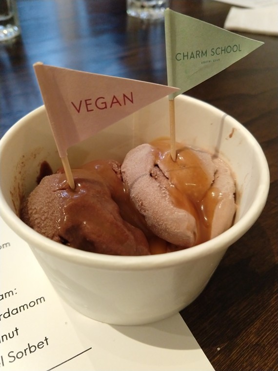 Charm School Social Club now offers hazelnut ice cream in both dairy-based and vegan varieties.