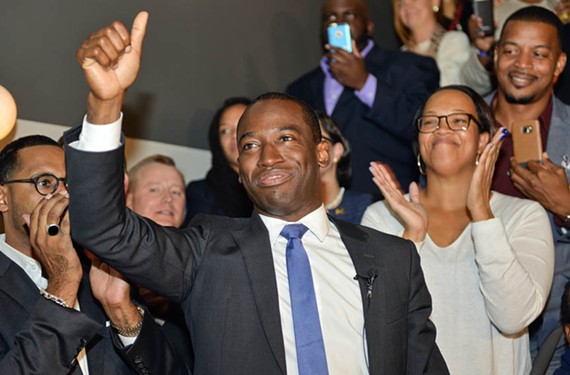 Richmond Mayor Levar Stoney, addressing supporters on election night at Wong Gonzalez, has a set of inaugural events on his calendar this weekend.