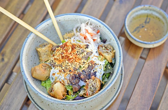 The bun cha gio with slightly smoky rib-eye and crispy, mushroom-laden spring rolls is a rich and savory Vietnamese classic.