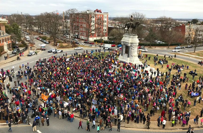 People gather around the Robert E. Lee statue on Jan. 14 for the March on Monument, which advocated a variety of progressive causes. - JACKIE KRUSZEWSKI