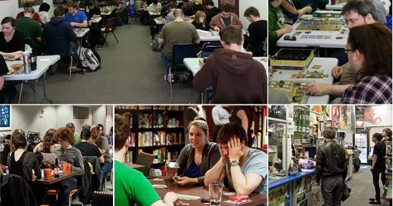 Clockwise from top left: A regularly packed night and people playing games at Games People Play (photo Joseph Allen); checking out the retro wares at The Last Game Store; blowin’ a move and perusing the options at Board Game Room (photos Lenny Mullins)