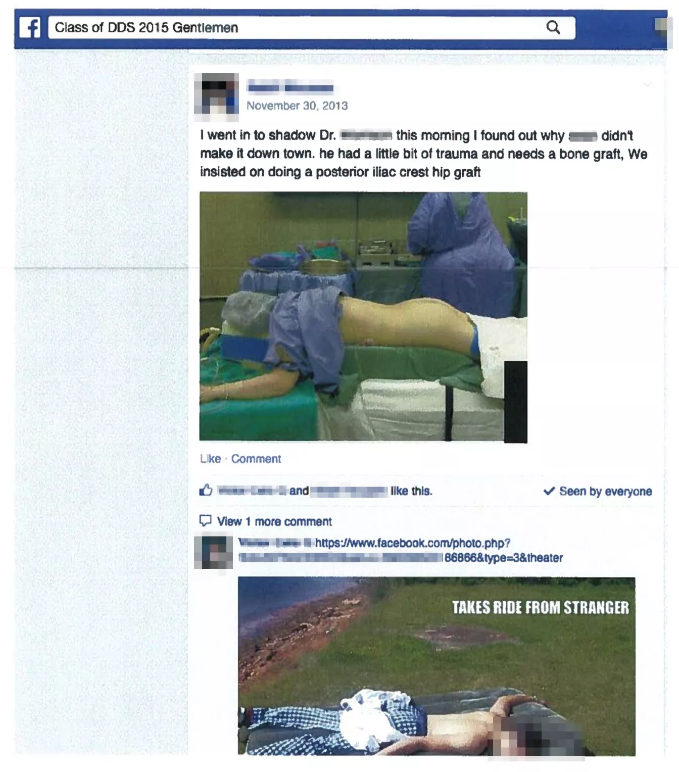 Facebook post with a photo of a patient in an operating room, face obscured but lower back and buttocks exposed.