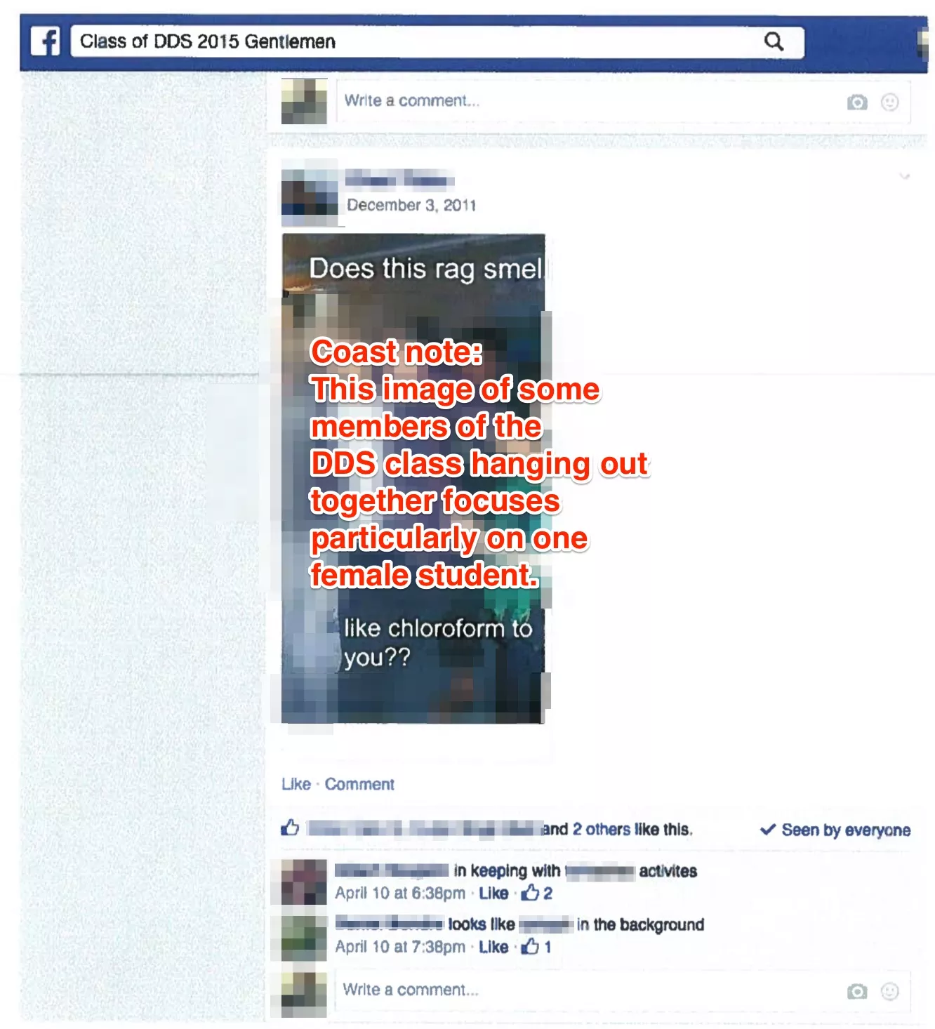 Facebook post with a photo of a woman from the Dalhousie dentistry class, who the Gentlemen suggest using chloroform to incapacitate.