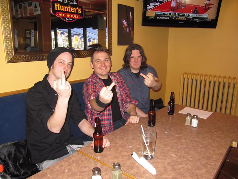 Last minute set-list edits and pre-set beers with Andrew Hunter and his two gatherers, drummer Bryan Page and bassist Johnny B. Good - DAVE LIDSTONE
