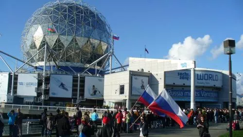 Russian Pavilion: Putin maintains that new Russian state historical research shows that the geodesic dome (pictured) is a 1:1 scale of Sputnik, which of course, carried to space for the first time a dancing bear.