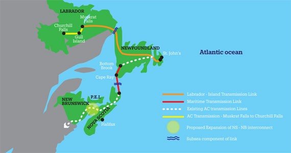 The proposed electrical route connects Labrador to Nova Scotia.