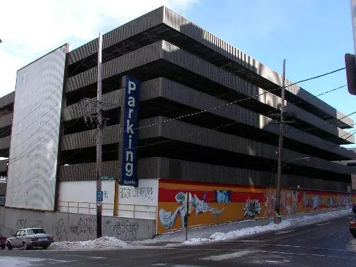 The Texpark parking garage was built in the early 1960s and demolished in 2004. Picture from http://www.halifaxhistory.ca/Texpark.htm.