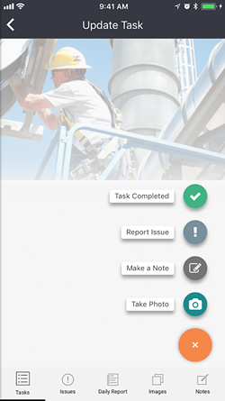 On a construction site, the site manager makes progress reports through Harbr's phone app. - SCREENSHOT