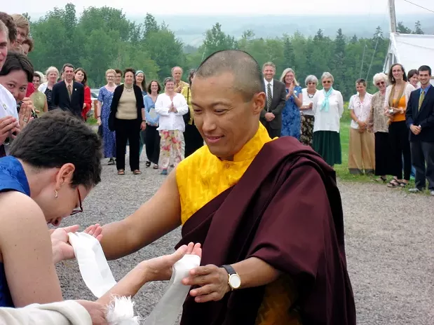 Osel Mukpo greeting Patricia Ullman at Dorje Denma Ling in Tatamagouche, circa 2007. - PATRICIA ULLMAN