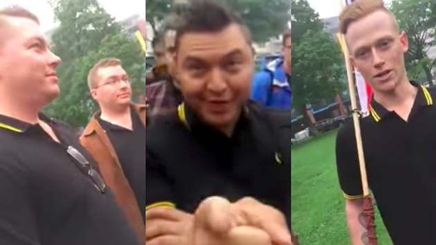 Screencaps from video recordings of the Proud Boys interrupting last year's Canada Day ceremony. - VIA YOUTUBE