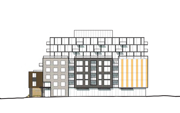 The five storey street wall on Robie Street will have commercial space on the ground floor and residential units above. The three stories and penthouse above will be slightly set back from the road. - WM FARES ARCHITECTS