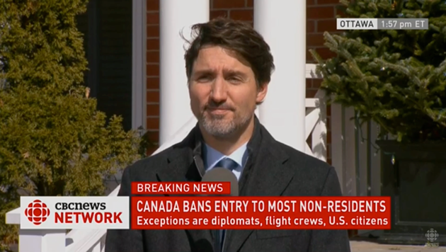 Halifax's airport is closing to international flights on Wednesday, PM Justin Trudeau announced in his webcast. - CBC LIVESTREAM