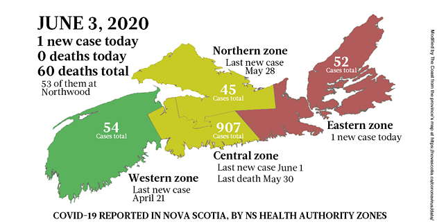 Map of COVID-19 cases in Nova Scotia as of June 3, 2020.