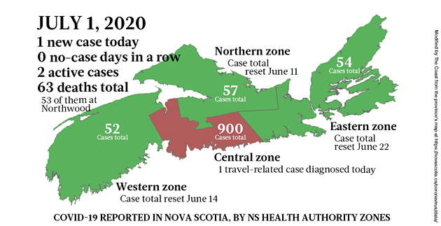 Map of COVID-19 cases in Nova Scotia as of July 1, 2020. - THE COAST