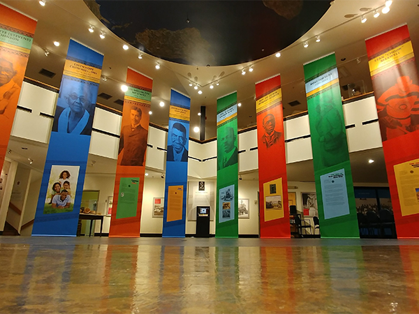 Two-storey tall banners in the Black Cultural Centre's atrium tell the stories of 16 Nova Scotians of African descent. - SUBMITTED