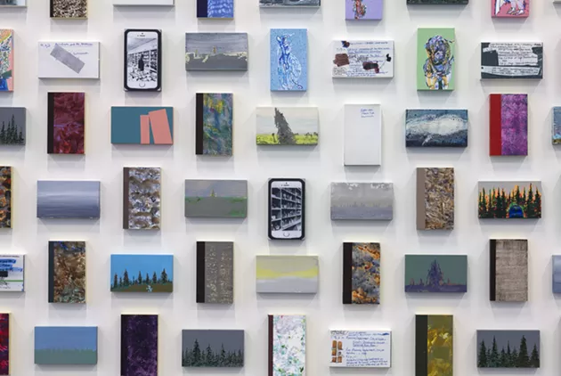 A closer look at Library Cards reveals the mixed media and repeated themes at play. - ADAM MORK