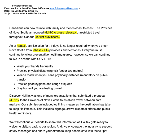 The first half of the since-retracted "Welcome back to Halifax, Canada!" email from Discover Halifax.