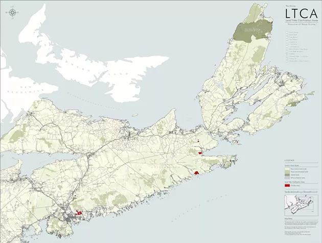 Red shapes on the map show the 13 areas in Nova Scotia where landholders are waiting for their deeds from the government under the Land Titles Clarification Act. - PROVINCE OF NOVA SCOTIA