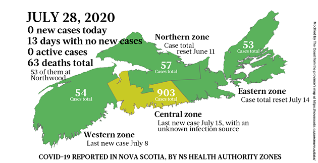 Map of COVID-19 cases reported in Nova Scotia as of July 28, 2020. - THE COAST