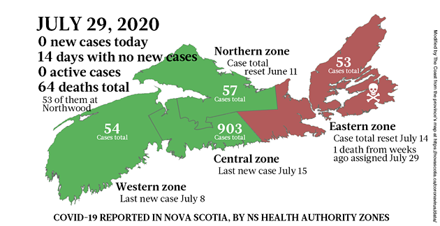 Map of COVID-19 cases reported in Nova Scotia as of July 29, 2020. - THE COAST