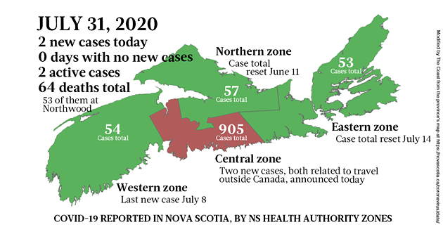 Map of COVID-19 cases reported in Nova Scotia as of July 31, 2020. - THE COAST