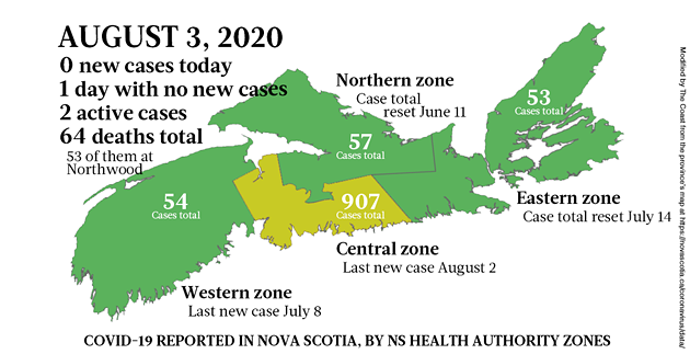 Map of COVID-19 cases reported in Nova Scotia as of August 3, 2020. - THE COAST