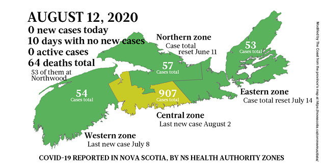 Map of COVID-19 cases reported in Nova Scotia as of August 12, 2020. - THE COAST