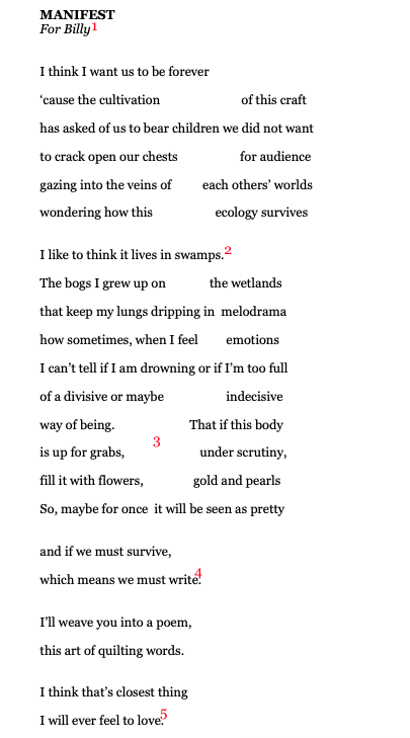 Match the annotated lines above to their numbers below to drink every last drop of the beauty in Twist's poem "MANIFEST".