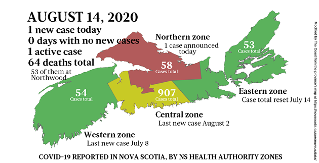 Map of COVID-19 cases reported in Nova Scotia as of August 14, 2020. - THE COAST