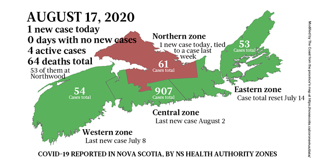 Map of COVID-19 cases reported in Nova Scotia as of August 17, 2020. - THE COAST