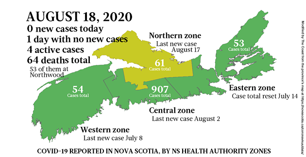Map of COVID-19 cases reported in Nova Scotia as of August 18, 2020. - THE COAST