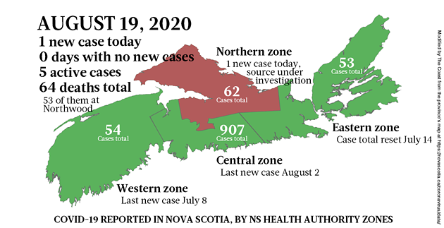 Map of COVID-19 cases reported in Nova Scotia as of August 19, 2020. - THE COAST