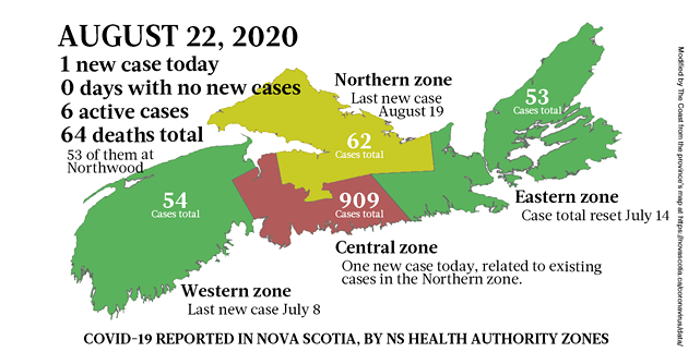 Updated map of COVID-19 cases reported in Nova Scotia as of August 22, 2020. - THE COAST