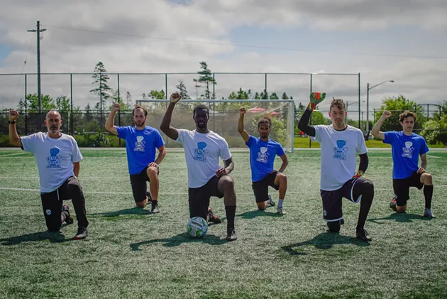 (Left to right) Wanderers head coach Stephen Hart and players Peter Schaale, Ibra Sanoh, Omar Kreim, Jason Beaulieu and Jake Ruby. - HFX WANDERERS FC