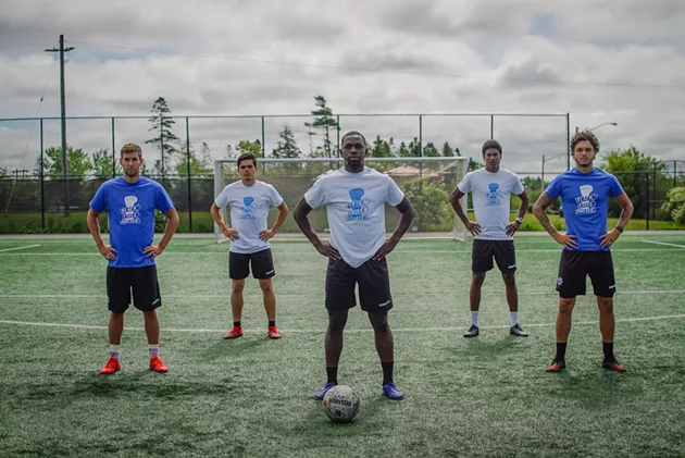 (Left to right) Wanderers players Louis Béland-Goyette, Mateo Restrepo, Chrisnovic N’sa, Andre Rampersad and João Morelli - HFX WANDERERS FC