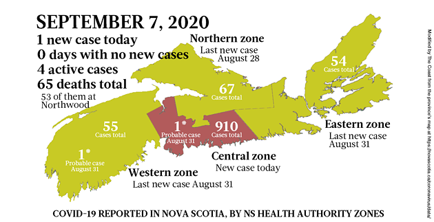 Map of COVID-19 cases reported in Nova Scotia as of September 7, 2020. - THE COAST